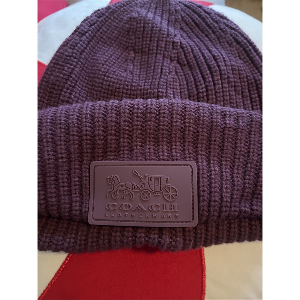 COACH Women’s PATCH BEANIE HAT Purple Knit Wool Blend MSRP $55 OSFA